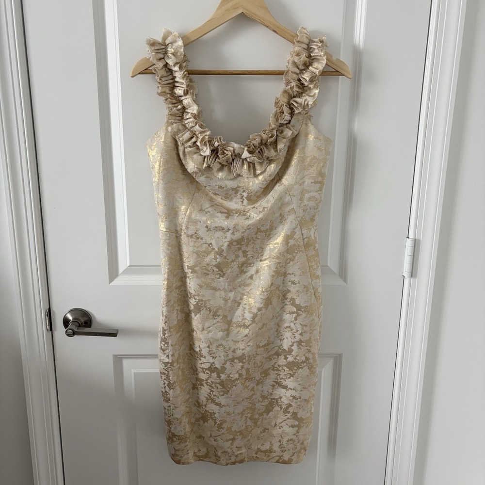 London Times | White Gold Metallic Ruffle Neck Floral Sleeveless Formal Dress 8